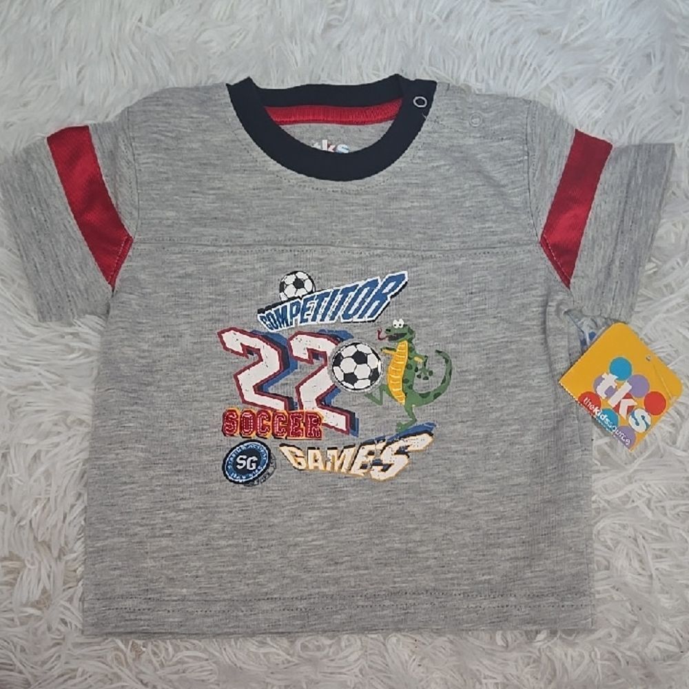 Vintage Kids Gray Soccer Games Shirt 11 Mth Top Retro Dinosaur